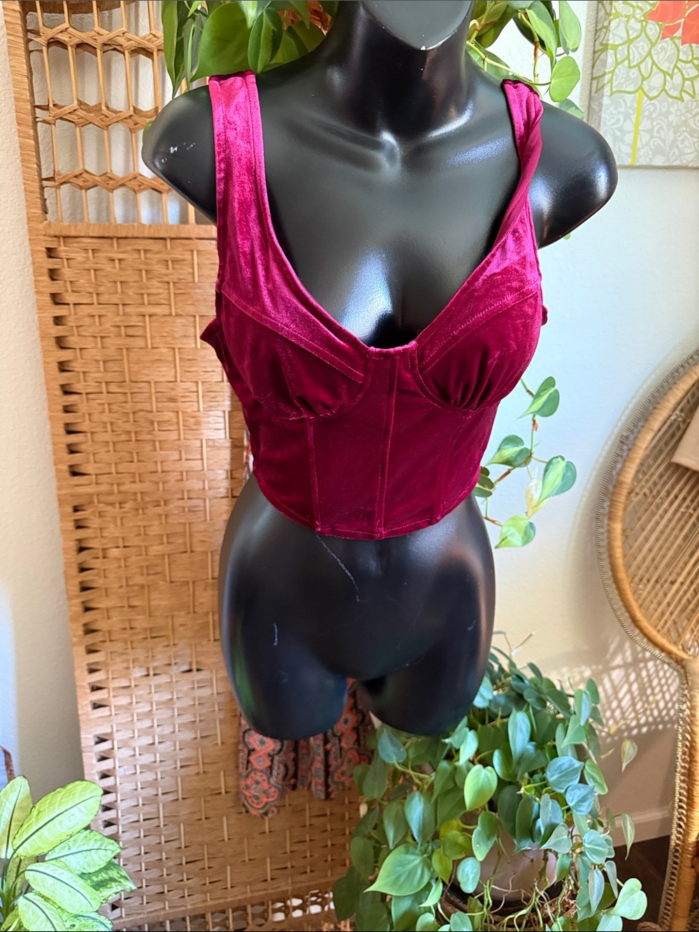 meraki Velvet Bustier Crop Top - Wine